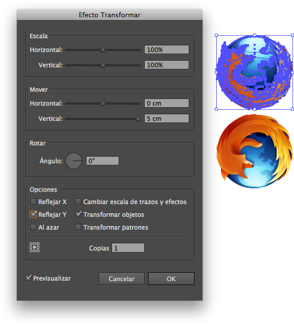 Efecto Transformar con los cambios en Illustrator