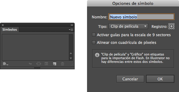 Ficha Símbolos y opciones de símbolos en Illustrator